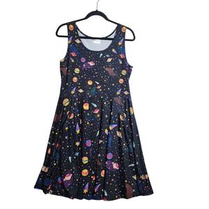 CowCow Women 2XL Space Galaxy Planet Print Skater Dress Sleeveless Pockets Black